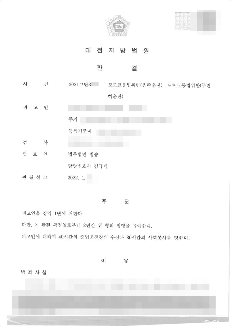 집행유예 | 도로교통법위반 - 천안지원 2021고단3***