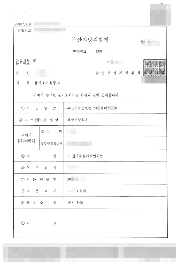 기소유예 | 전자금융거래법위반 - 부산지방검찰청 20**형제2***
