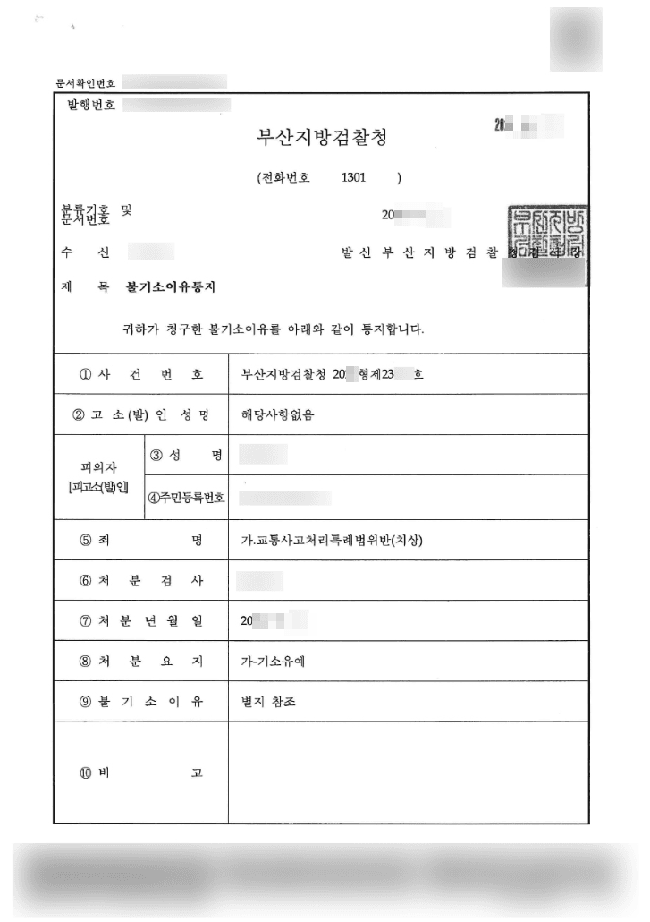 기소유예 | 교통사고처리특례법위반(치상) - 부산지방검찰청 20**형제23***