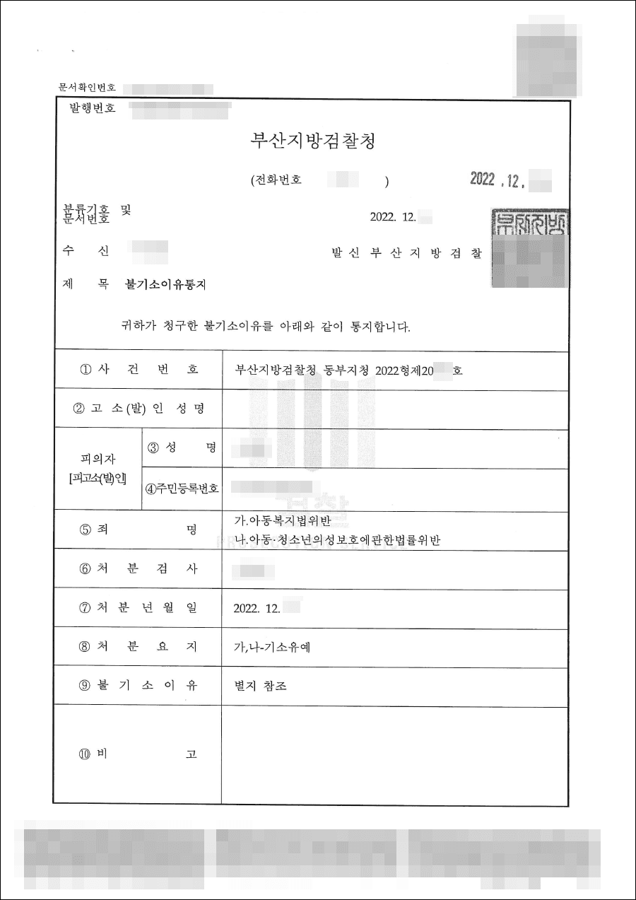 기소유예 | 아동복지법위반 등 - 부산지방검찰청 동부지청 20**형제20***호