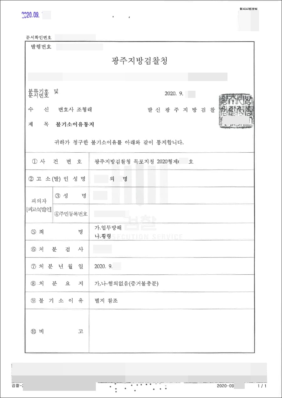 혐의없음 | 업무방해, 횡령 - 광주지방검찰청 2020형제6***호