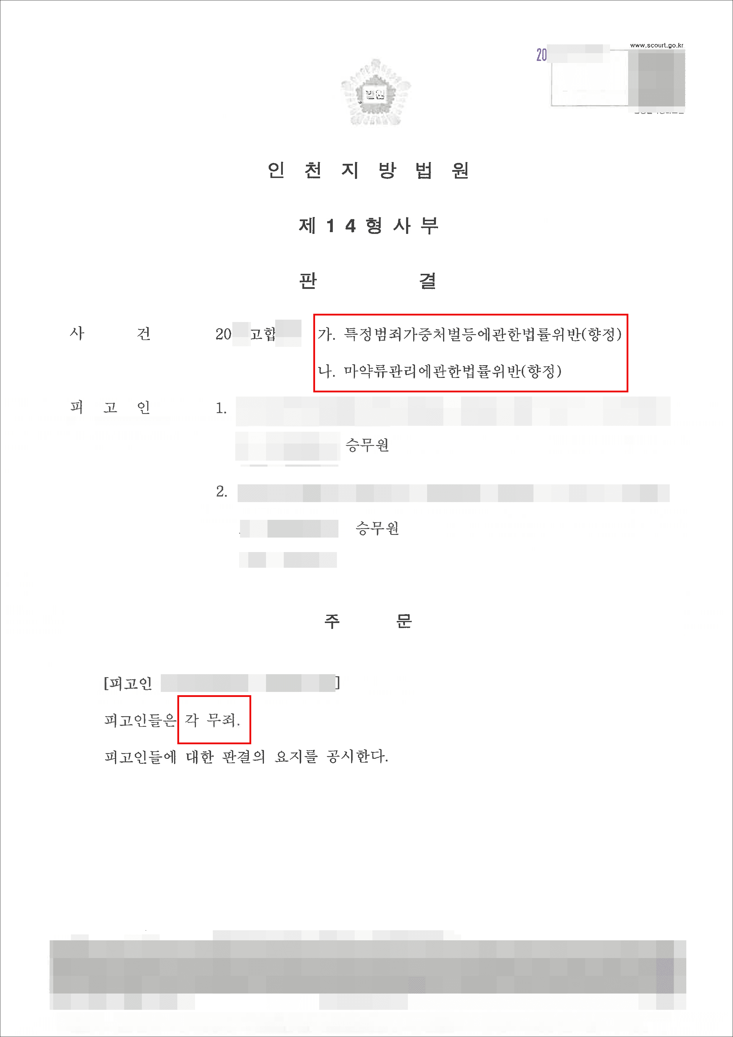 무죄 | 특정범죄가중처벌등에관한법률위반(향정) - 인천지방법원 20**고합***