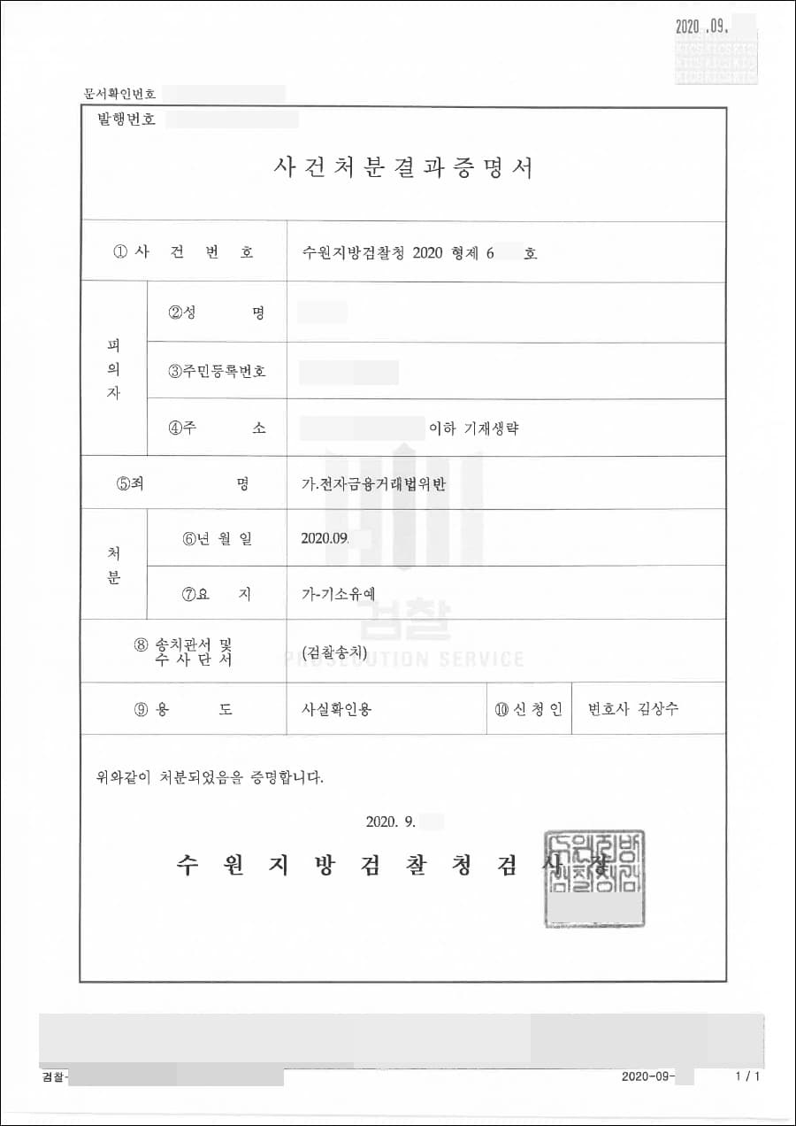 기소유예 | 전자금융거래법위반 - 수원지방검찰청 20**형제66***