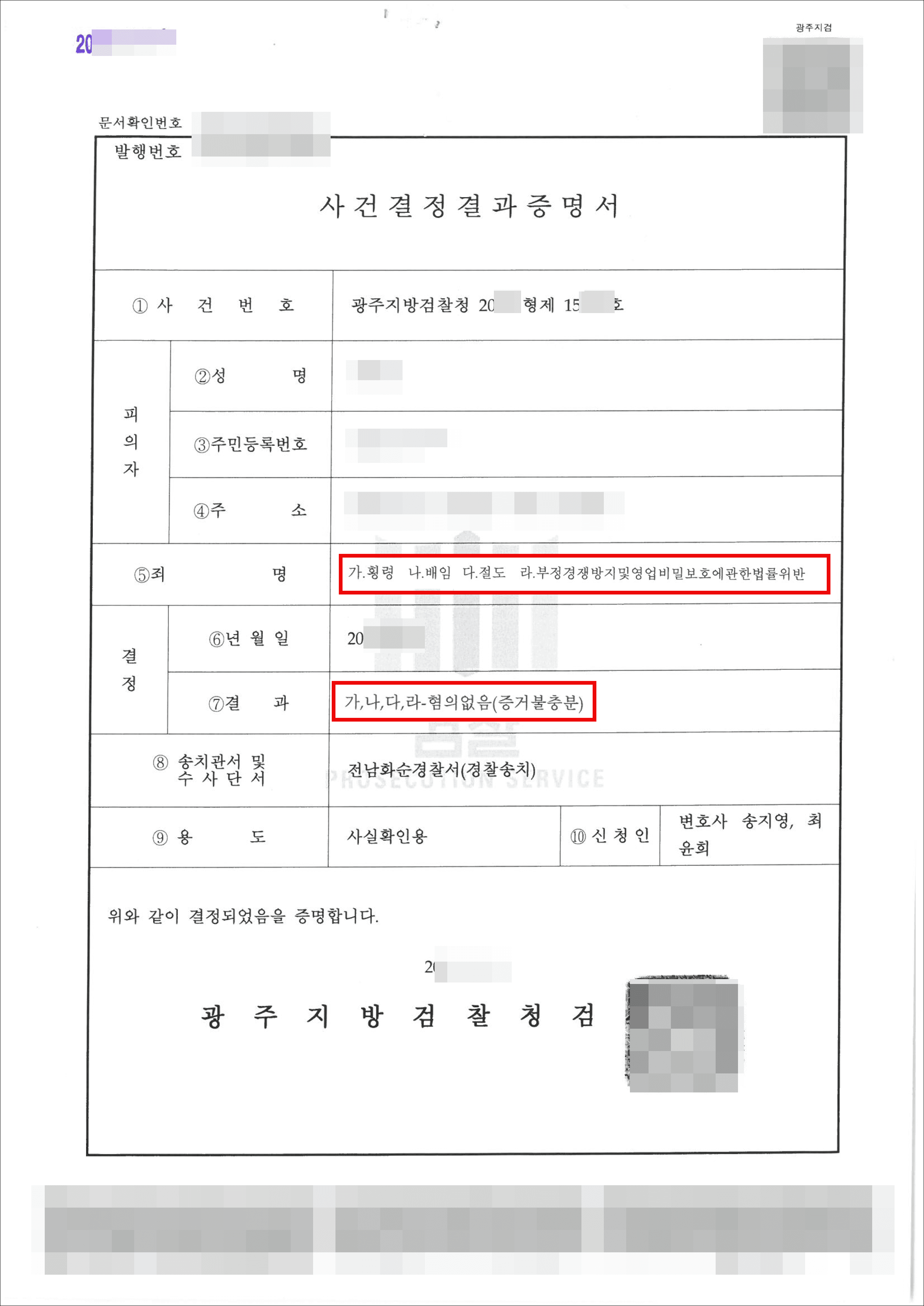 불기소 | 횡령 등 – 20**형제15***