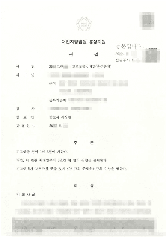 집행유예 | 음주운전 - 대전지방법원 홍성지원 20**고단***