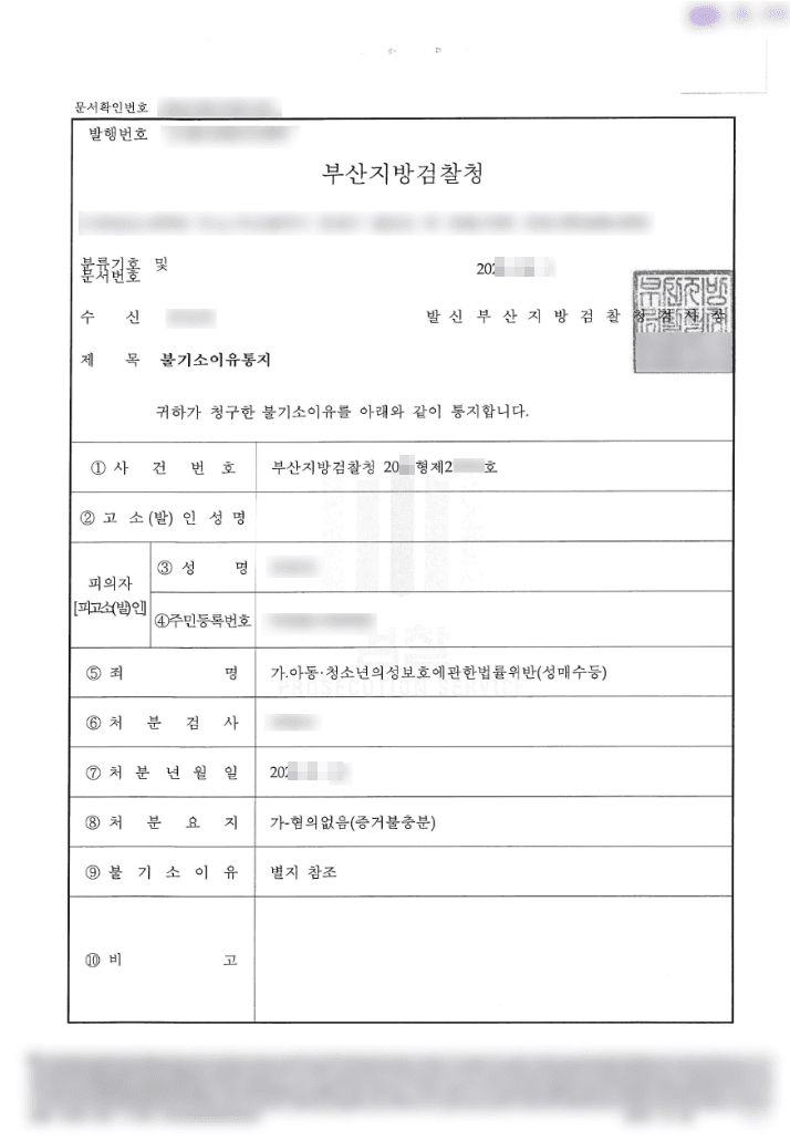 혐의없음(증거불충분) | 아동청소년의성보호에관한법률위반(성매수등) - 부산지방검찰청 20**형제21***호