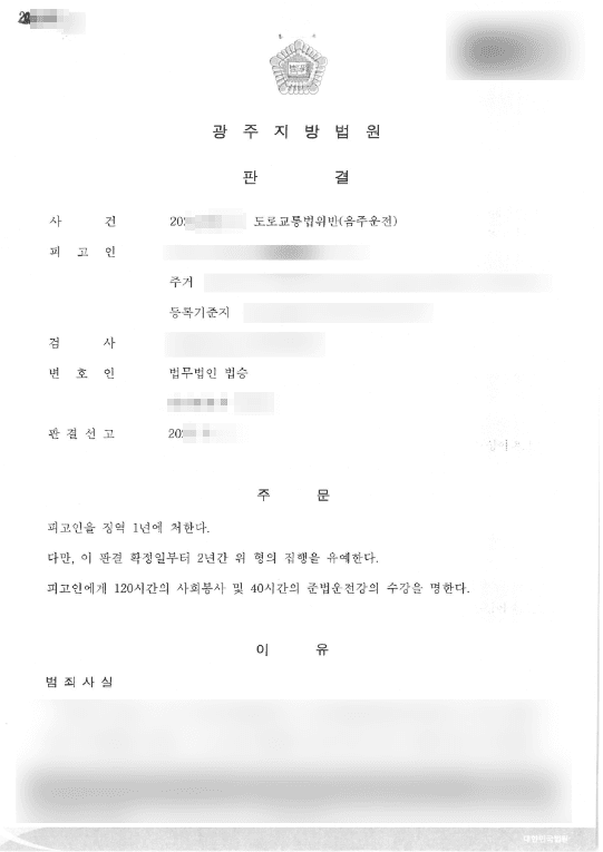 집행유예 | 도로교통법위반(음주운전) - 광주지방법원 20**고단***