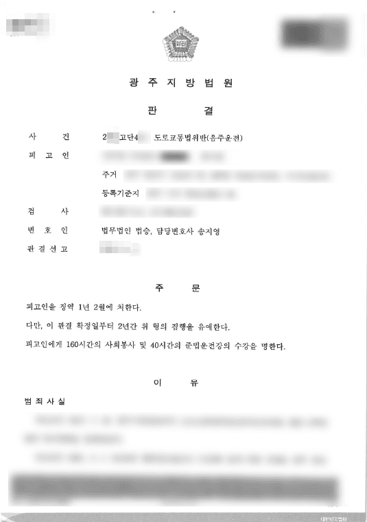 집행유예 | 음주운전 4회 - 광주지방법원 20**고단4**