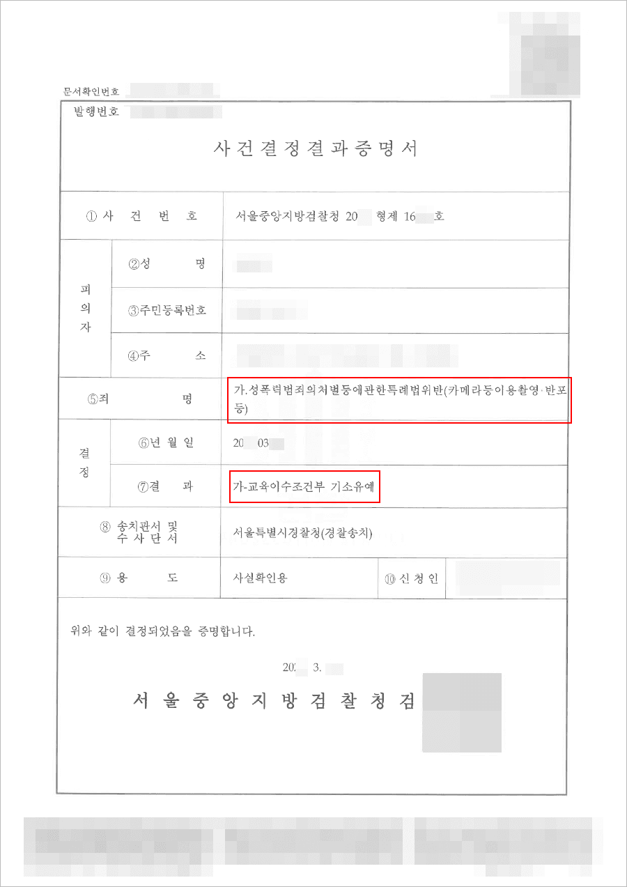 기소유예 | 성폭법 위반(카메라등이용촬영·반포등) - 서울중앙지검 20**형제16***