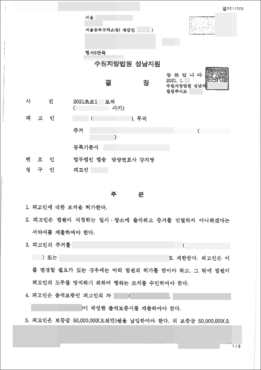 보석 허가 | 사기 - 수원지방법원 성남지원 20**초보**