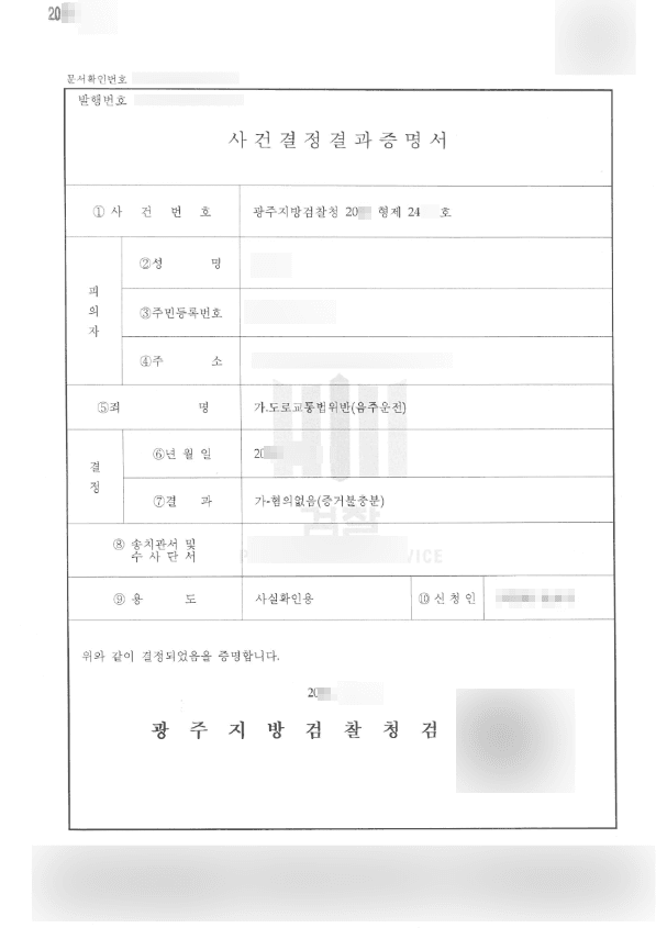 무혐의(증거불충분) | 도로교통법위반(음주운전3회) | 광주지방검찰청 20**형제24***