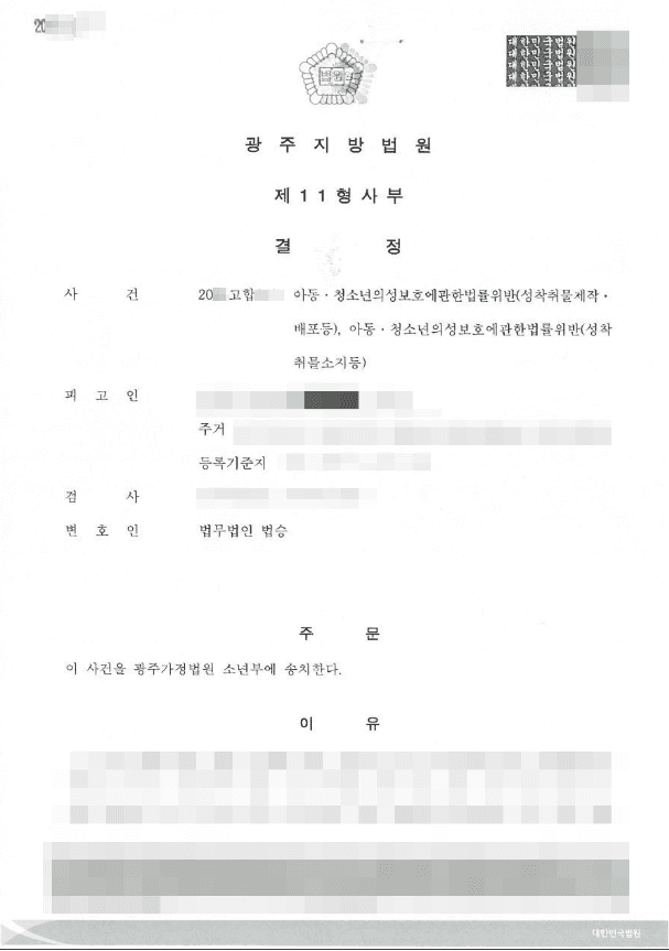 소년부송치 | 아동·청소년의성보호에관한법률위반(성착취물 제작, 배포등) - 광주지방법원 20**고합***