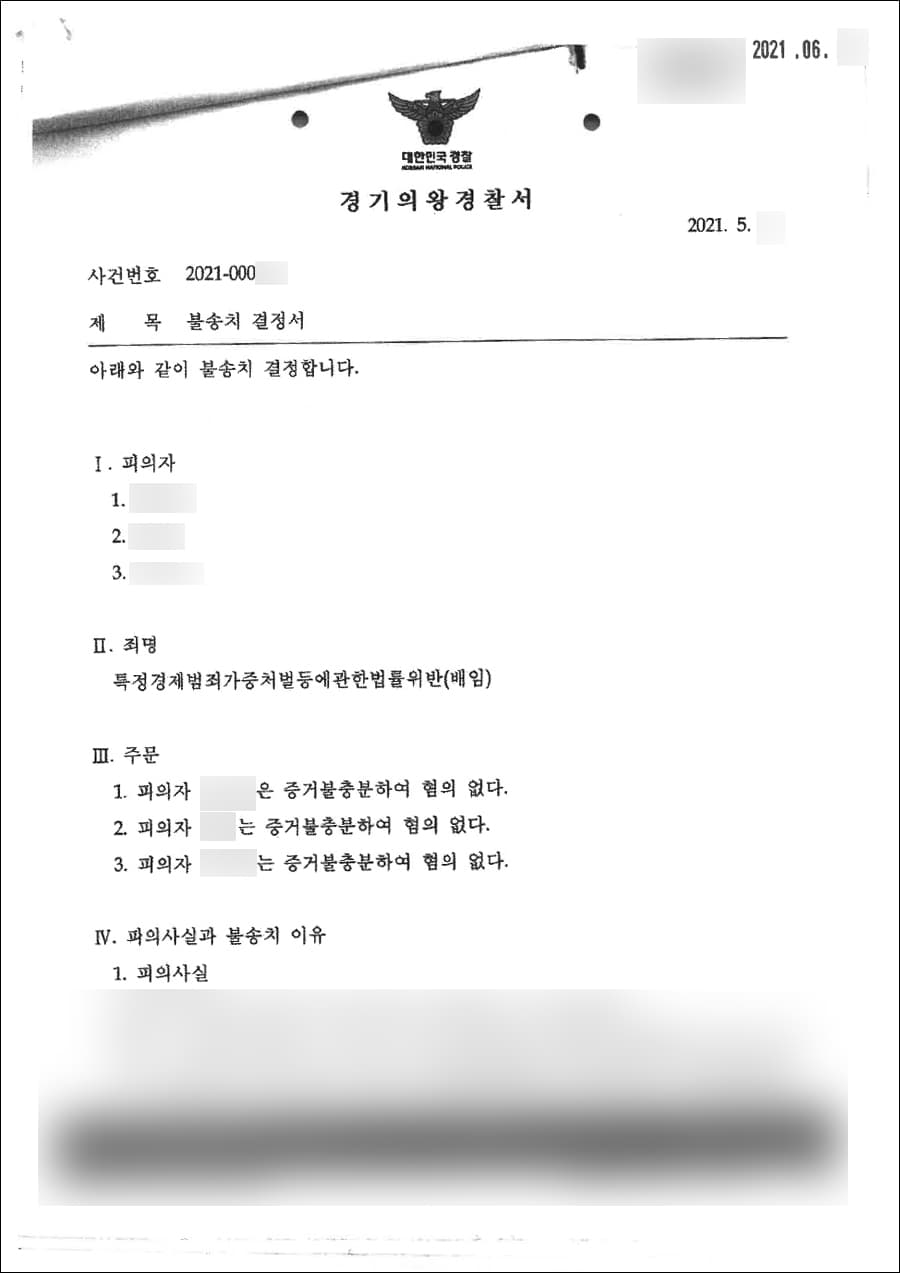 불송치결정(혐의없음) | 특정경제범죄가중처벌등에관한법률위반(배임) - 경기의왕경찰서 2021-000***