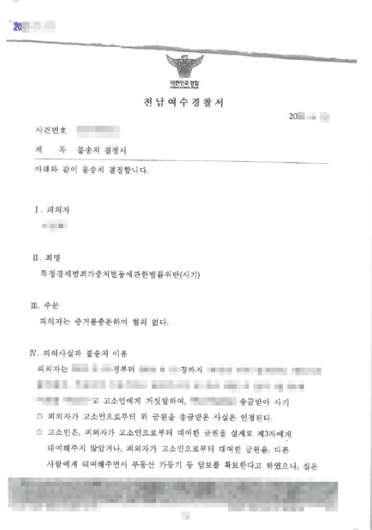 불송치결정(무혐의) | 특정경제범죄가중처벌들에관한법률위반(사기) | 전남여수경찰서 20**-006***