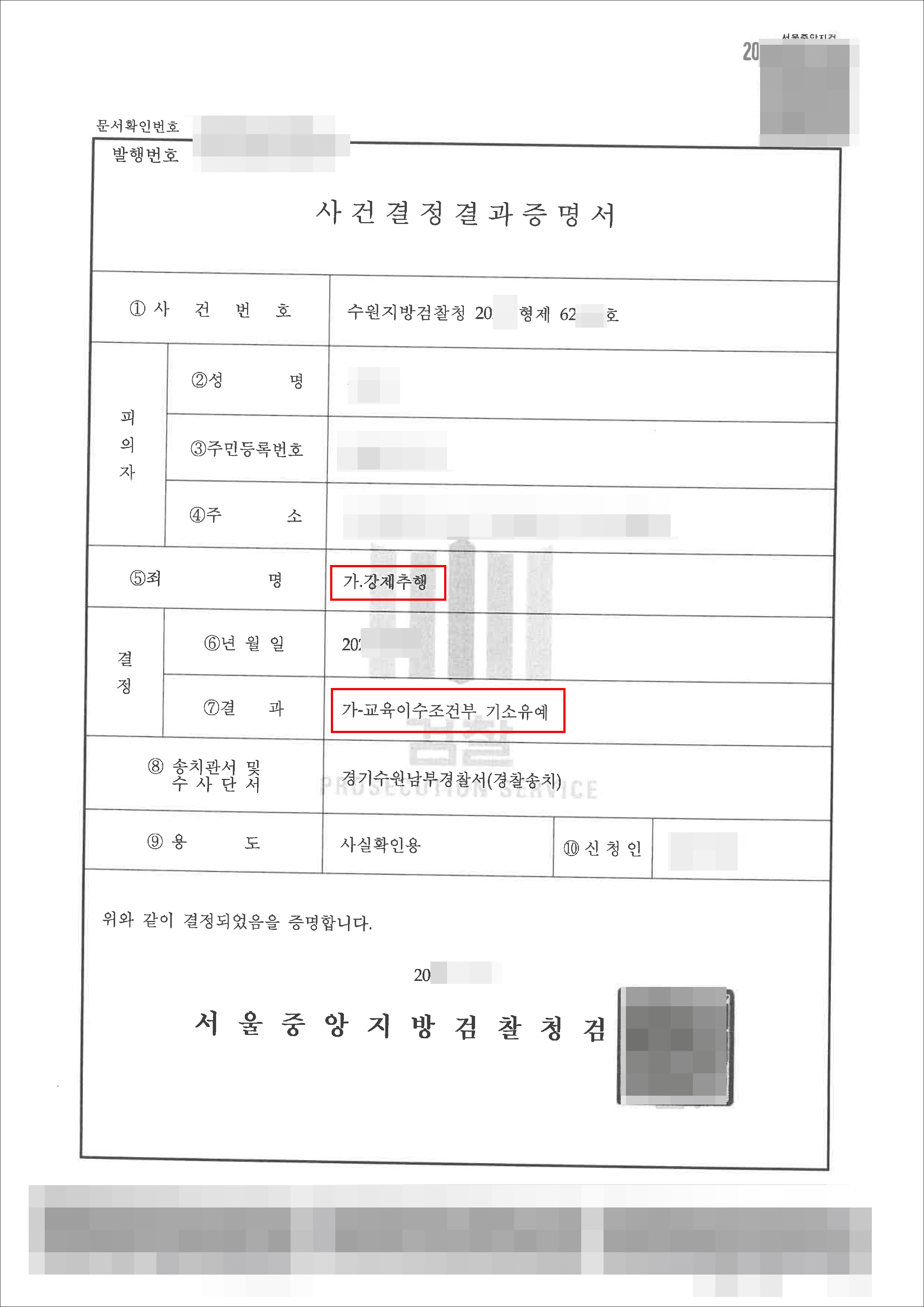 기소유예 | 강제추행 - 수원지방검찰청 20**형제62***