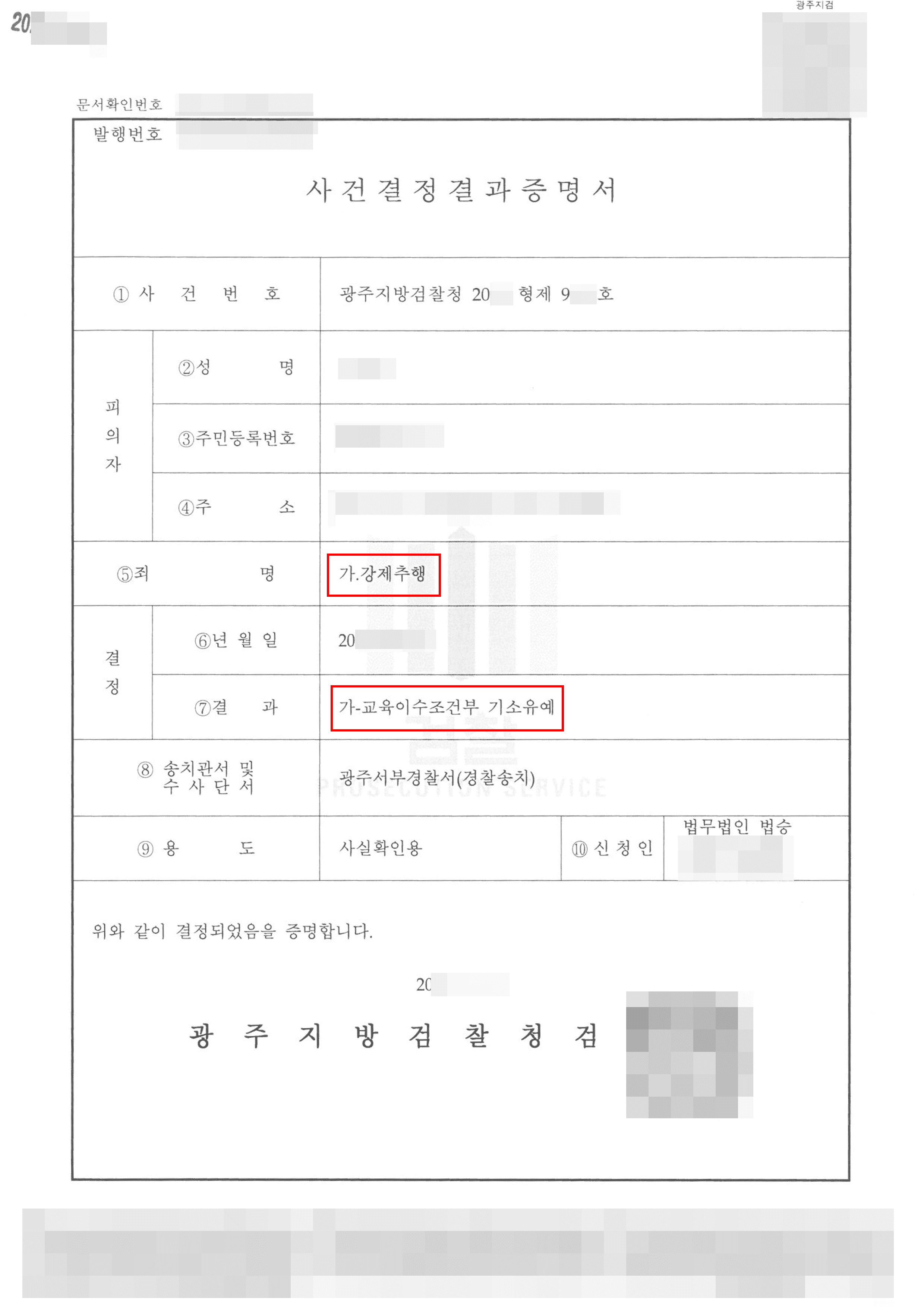 불기소결정(기소유예) | 강제추행 - 광주지방검찰청 20**형제9***