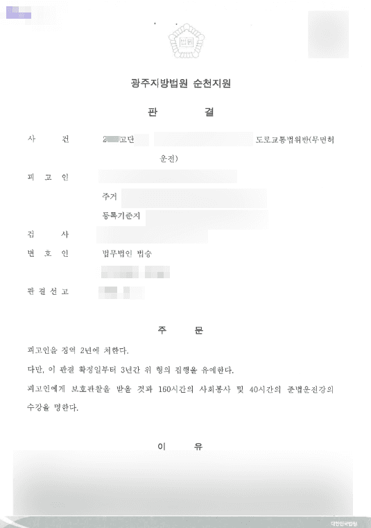 집행유예 | 도로교통법위반(무면허운전6회) - 광주지방법원 순천지원 20**고단8**