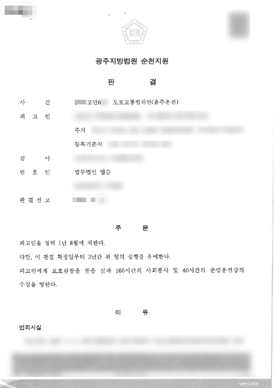 집행유예 | 도로교통법위반(음주운전) - 광주지방법원 순천지원 20**고단6**