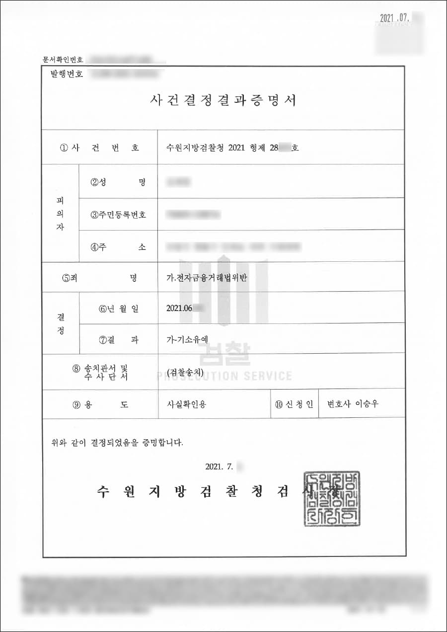 기소유예 | 전자금융거래법위반 - 수원지방검찰청 2021형제28***