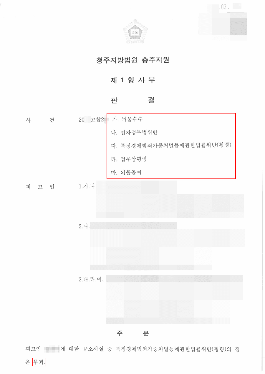 무죄 | 특경경제범죄가중처벌등에관한법률위반(횡령) - 청주지방법원 20**고합**