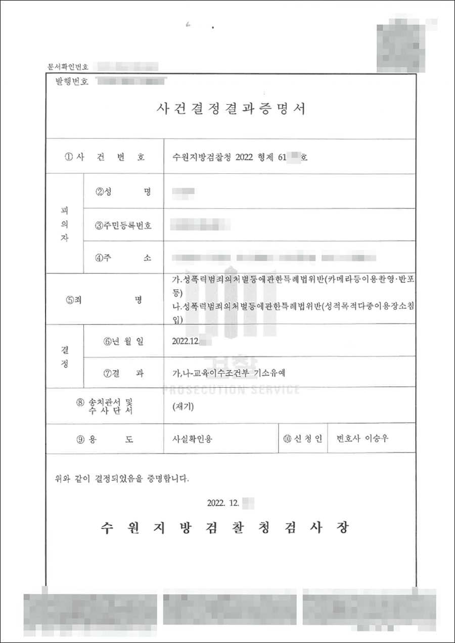교육이수조건부 기소유예 | 성폭법(카촬, 다중이용장소침입) - 수원지방검찰청 20**형제61***호