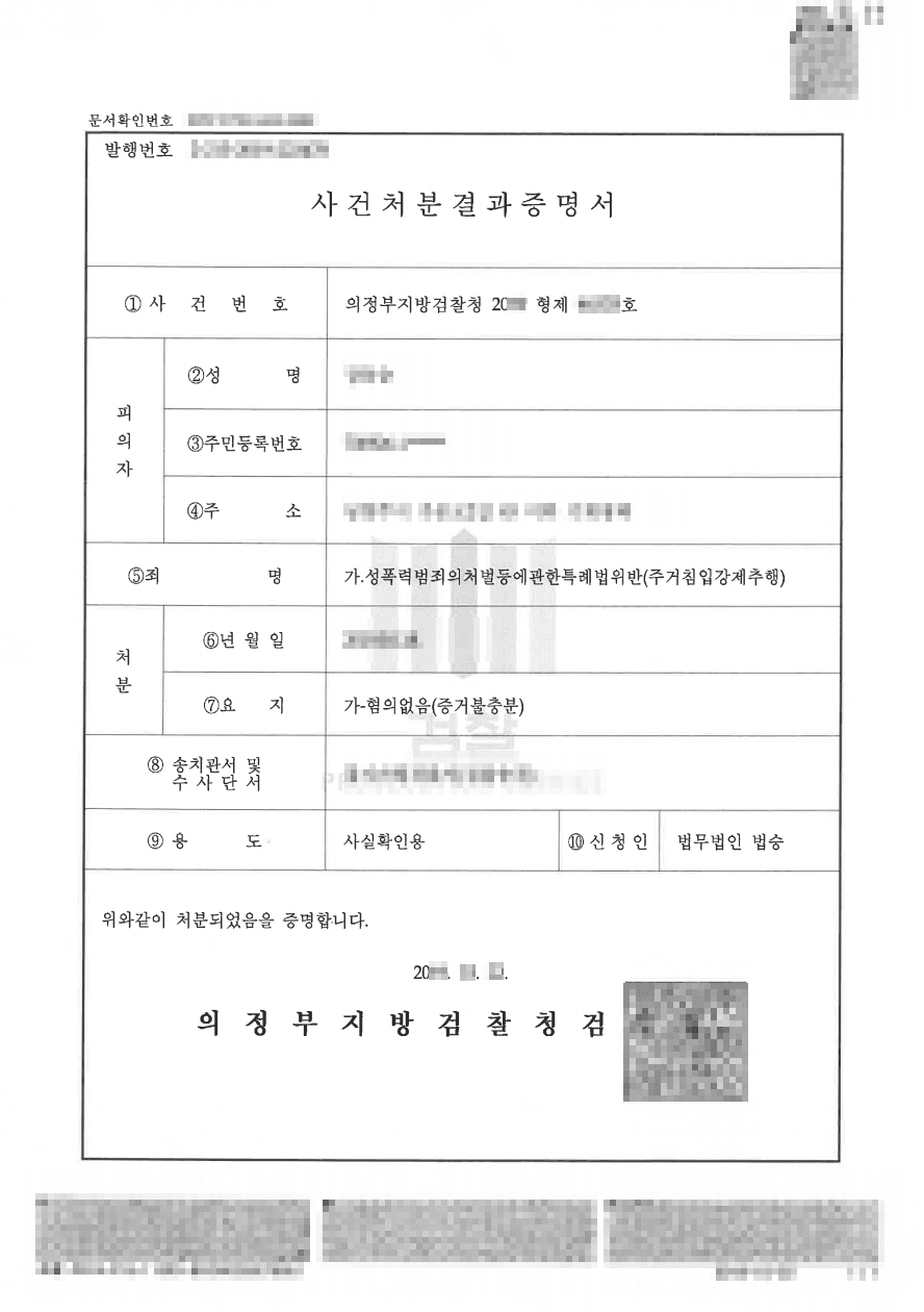 혐의없음(증거불충분)ㅣ주거침입강제추행 - 의정부지방검찰청 20**형제4****