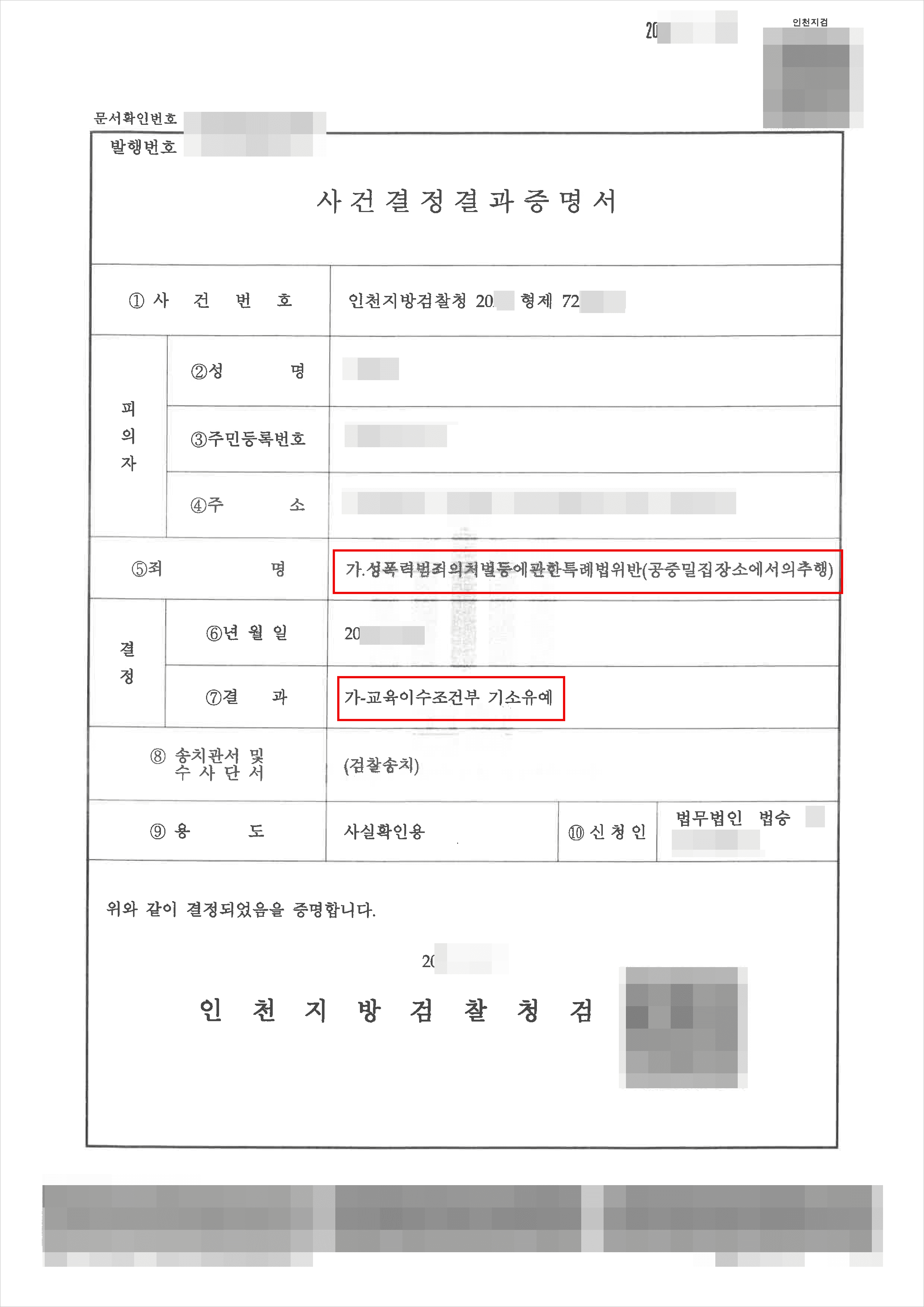 교육이수조건부 기소유예 | 성폭력범죄의처벌등에관한특례법위반(공중밀집장소에서의추행) - 인천지방검찰청 20**형제72***
