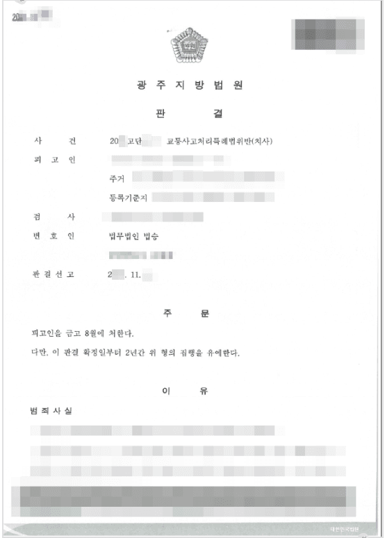 집행유예 | 교통사고처리특례법위반(치사) - 광주지방법원 20**고단3***