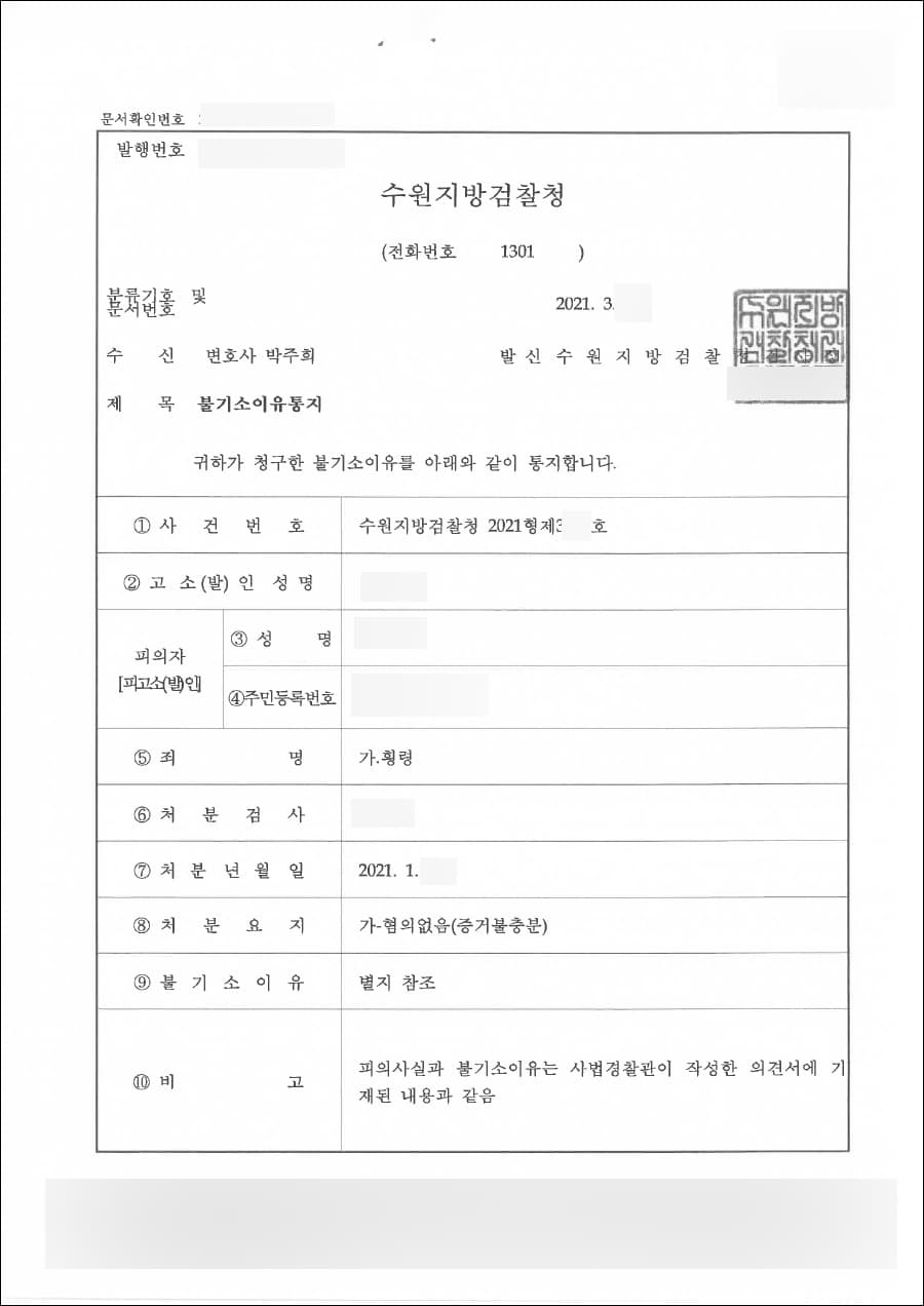 혐의없음(증거불충분) | 횡령 - 수원지방검찰청 20**형제3***호