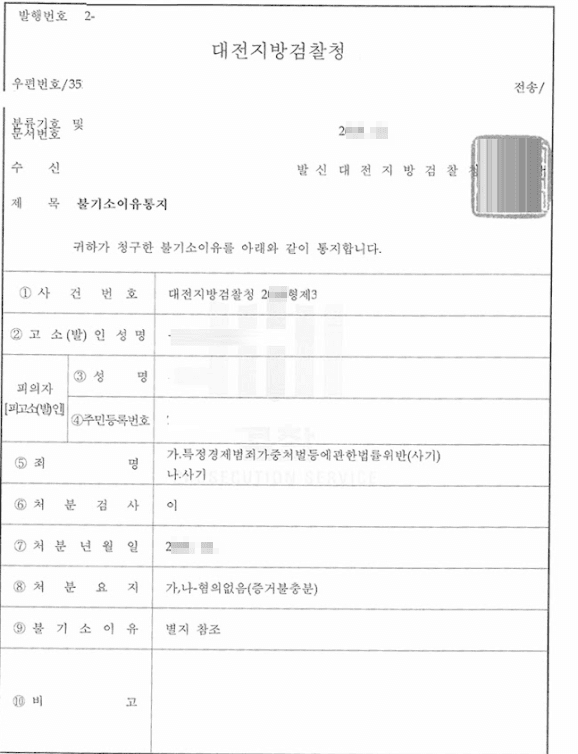 혐의없음(증거불충분)ㅣ특정경제범죄가중처벌등에관한법률위반(사기),사기 - 대전지방검찰청 20**형제3****