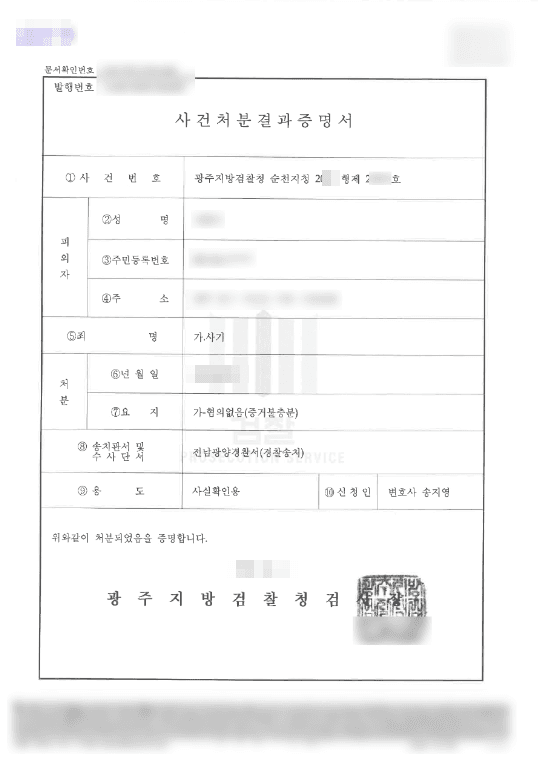 혐의없음(증거불충분) | 사기 - 광주지방검찰청 순천지청 20**형제23***호