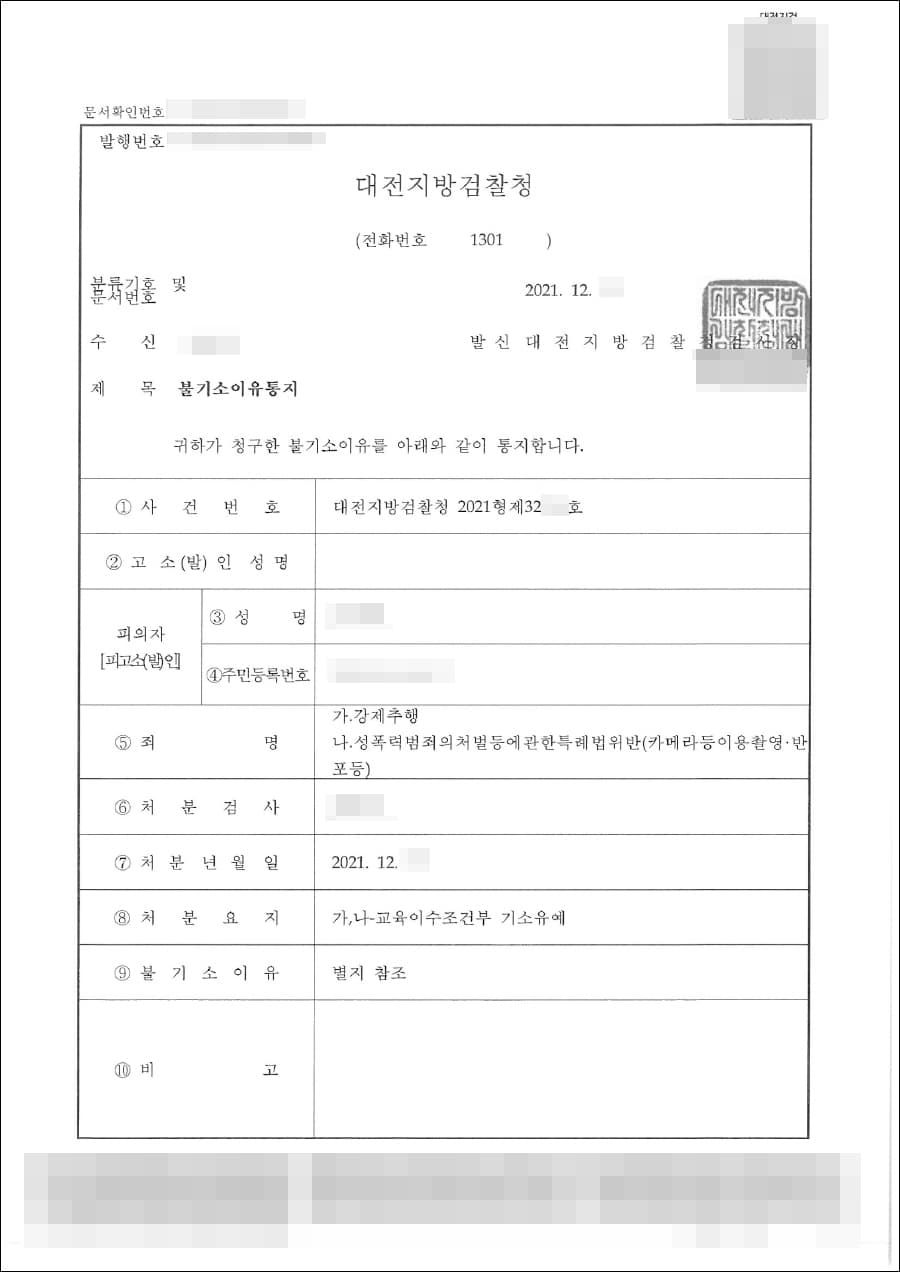 기소유예 | 강제추행 및 카메라등이용촬영 - 대전지방검찰청 2021형제32***호