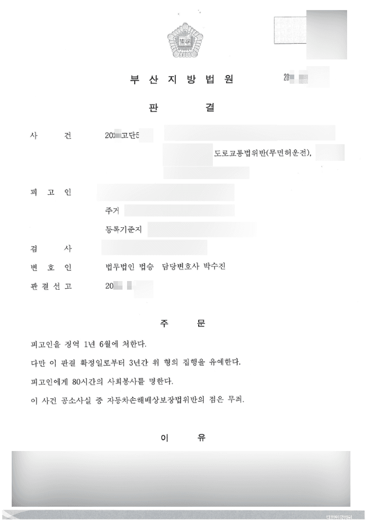 집행유예 | 도로교통법위반(무면허운전) - 부산지방법원 20**고단5***