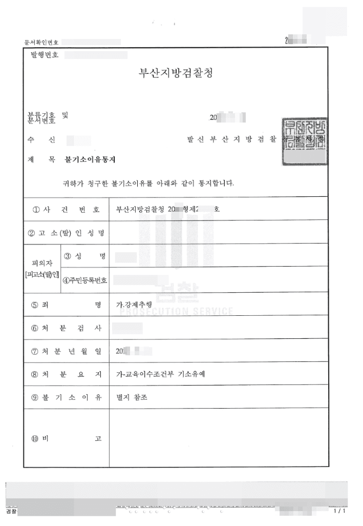 기소유예 | 강제추행 - 부산지방검찰청 20**형제27***호