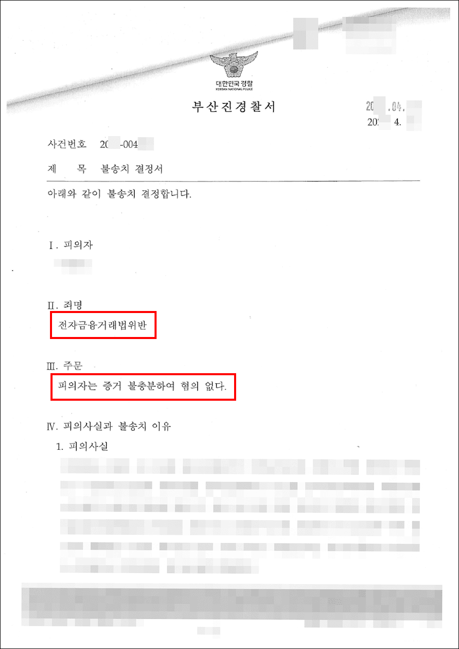 불송치결정(무혐의) | 전자금융거래법위반 - 부산진경찰서 20**-004***