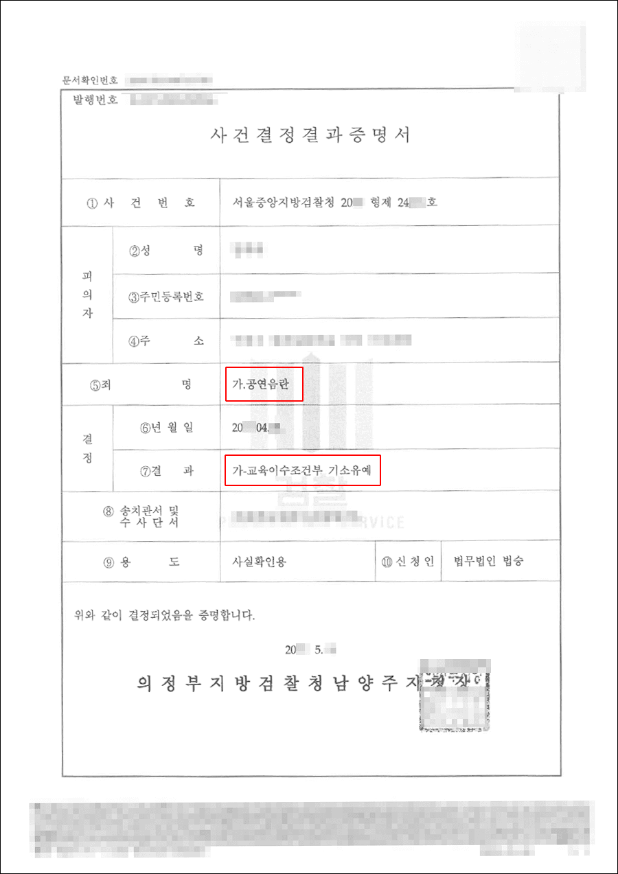 기소유예 | 공연음란 - 서울중앙지방검찰청 20**형제24***호