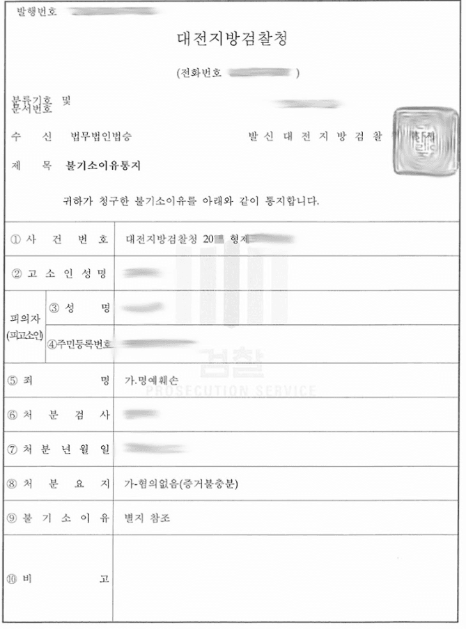 혐의없음(증거불충분)ㅣ명예훼손 - 대전지방검찰청 20**형제3****