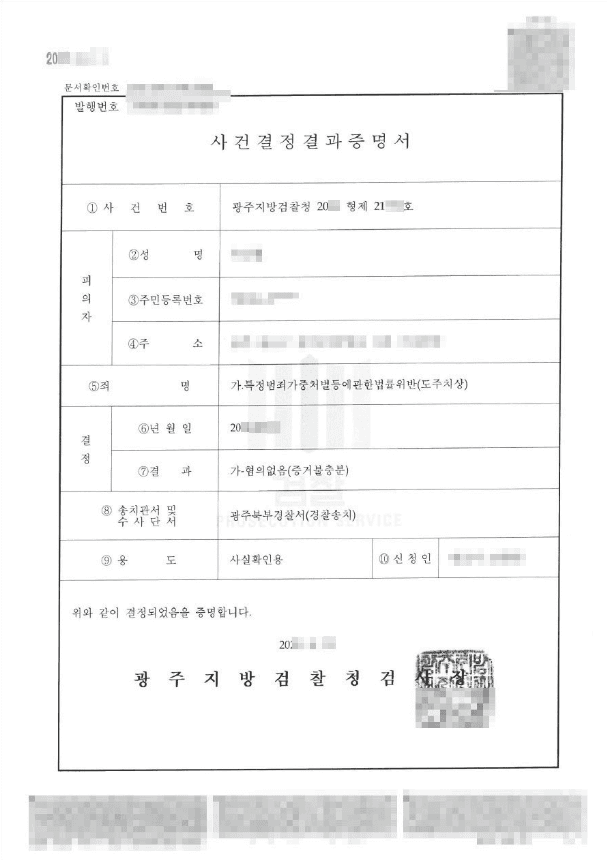 불기소결정(무혐의) | 특정범죄가중처벌등에관한법률위반(도주치상) - 광주지방검찰청 20**형제21***
