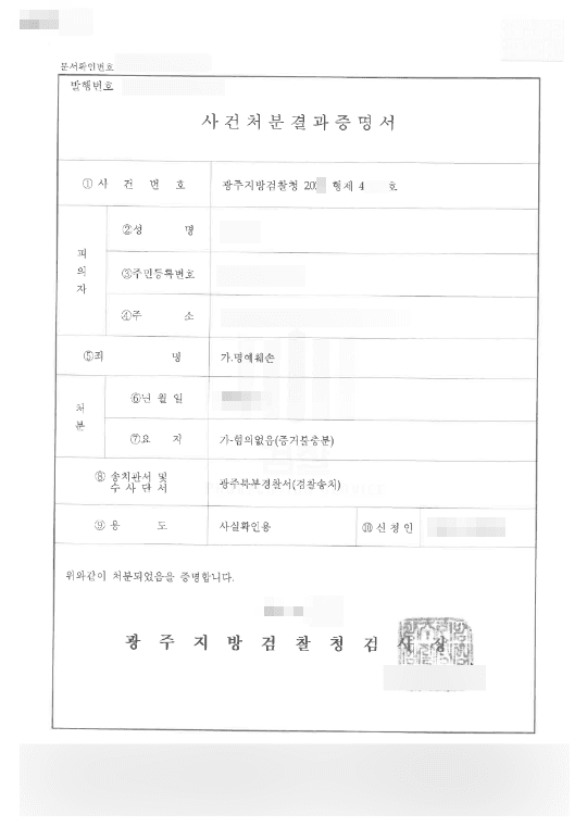 혐의없음(증거불충분) | 명예훼손 - 광주지방검찰청 20**형제48***호