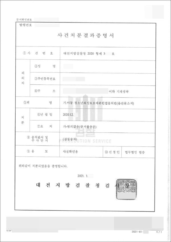 혐의없음(증거불충분) | 아동·청소년의성보호에관한법률위반(음란물소지) - 대전지방검찰청 2020형제3****호