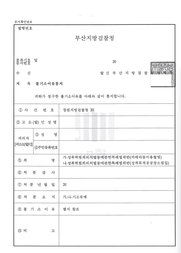 기소유예 ㅣ 성폭력범죄의처벌등에관한특례법위반(카메라등이용촬영_ - 창원지방검찰청 20**형제2***호