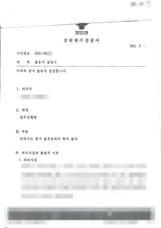 불송치 결정(무혐의)|업무상횡령 - 강원원주경찰서 20**-***호