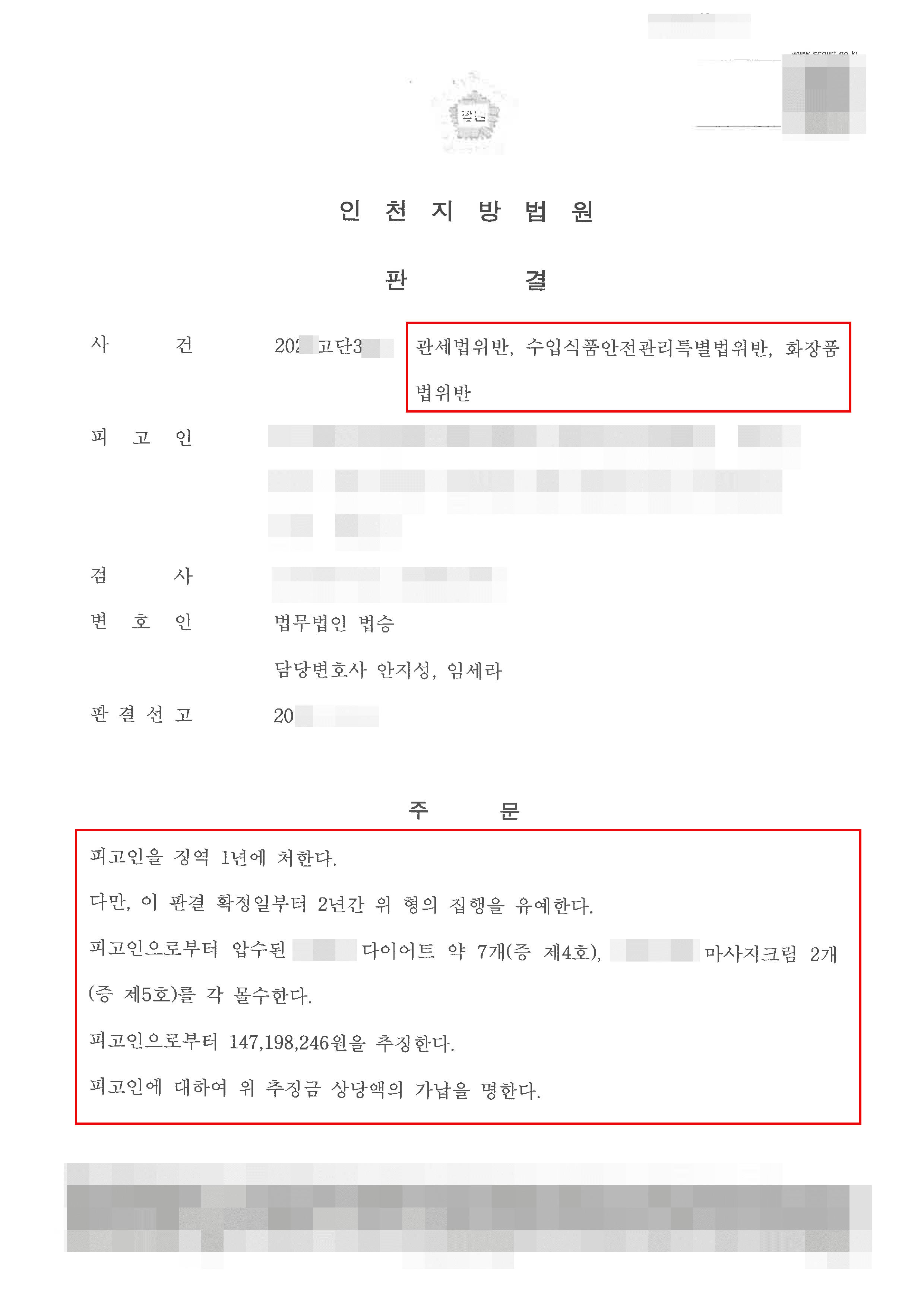 집행유예 | 관세법위반 등 - 인천지방법원 형사4단독 20**고단3***