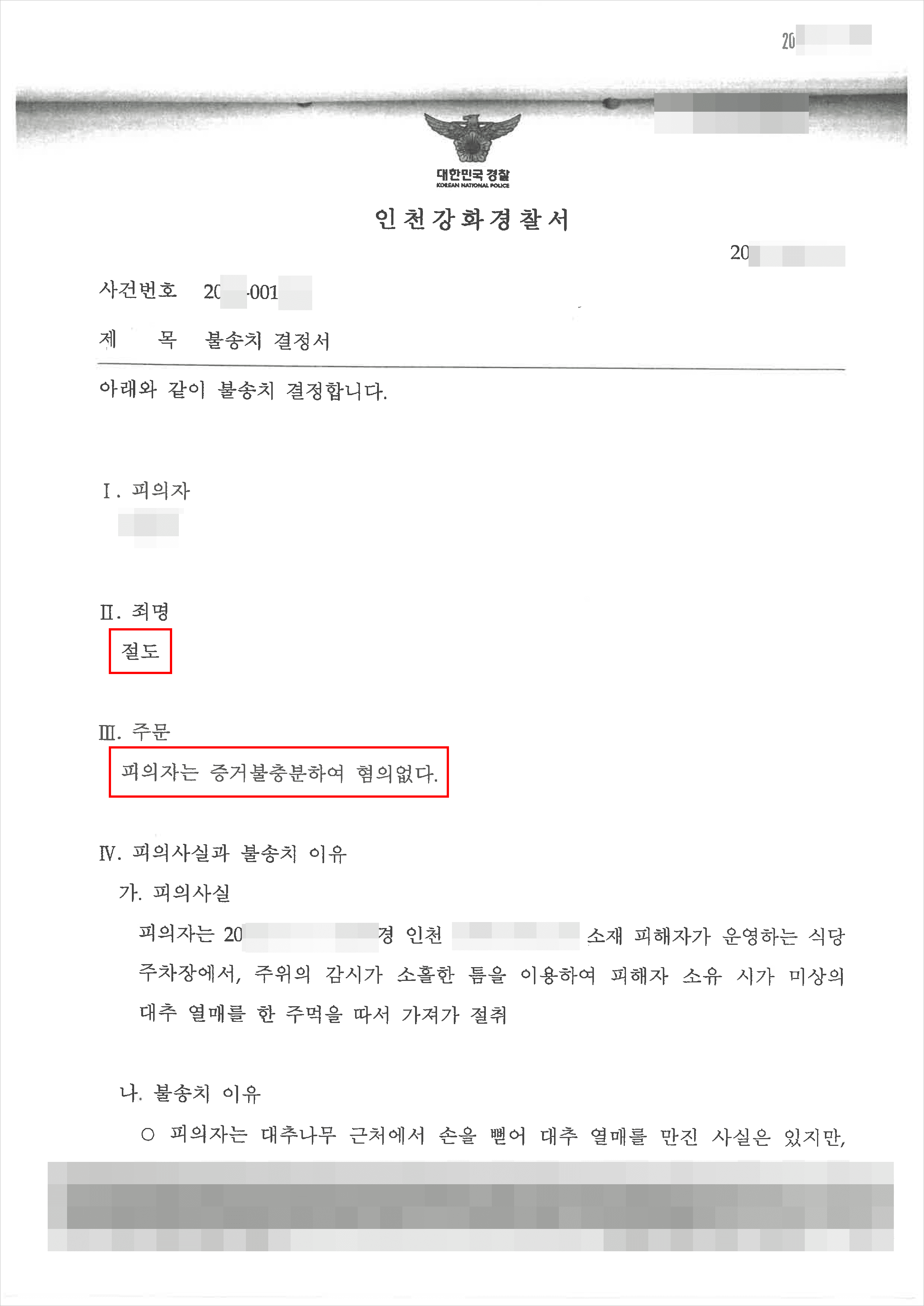 혐의없음(증거불충분)|절도 – 인천강화경찰서 20**-001***