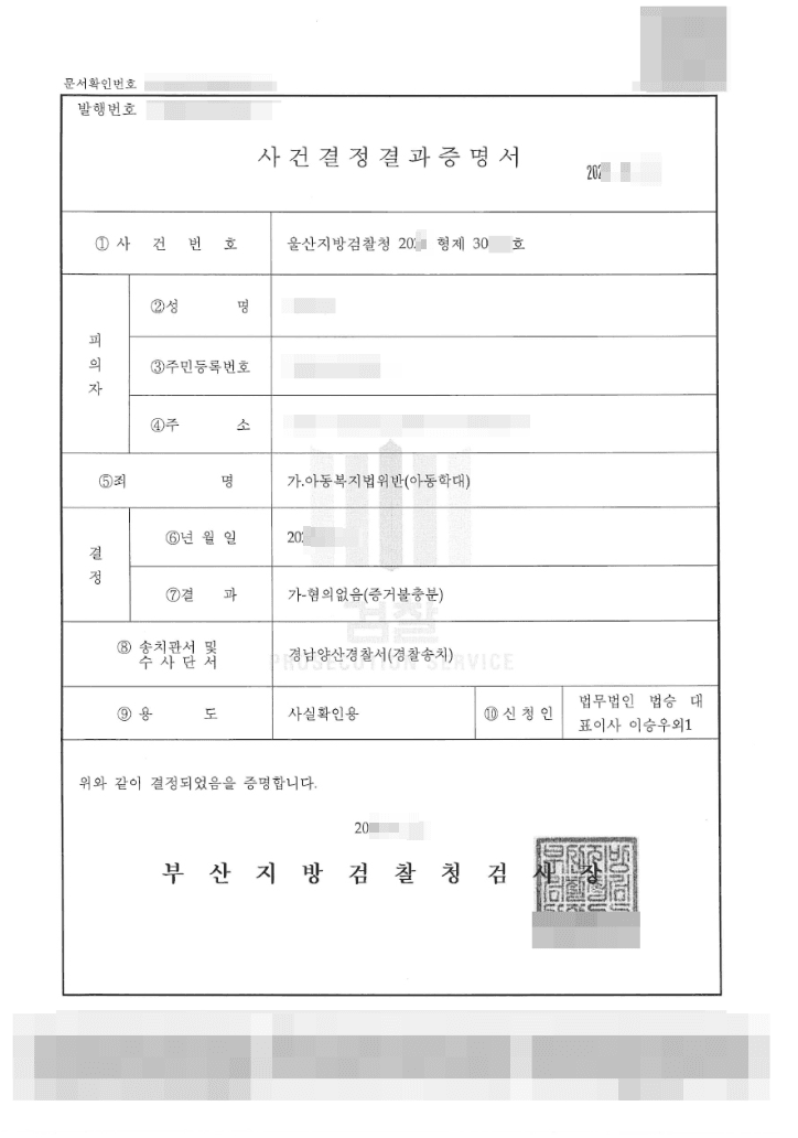 혐의없음(증거불충분) | 아동복지법위반(아동학대) - 울산지방검찰청 20**형제30***호