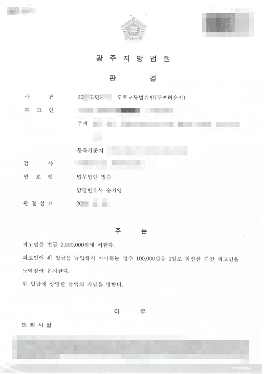 벌금형 | 도로교통법 위반(무면허운전) - 광주지방법원 20**고단2***