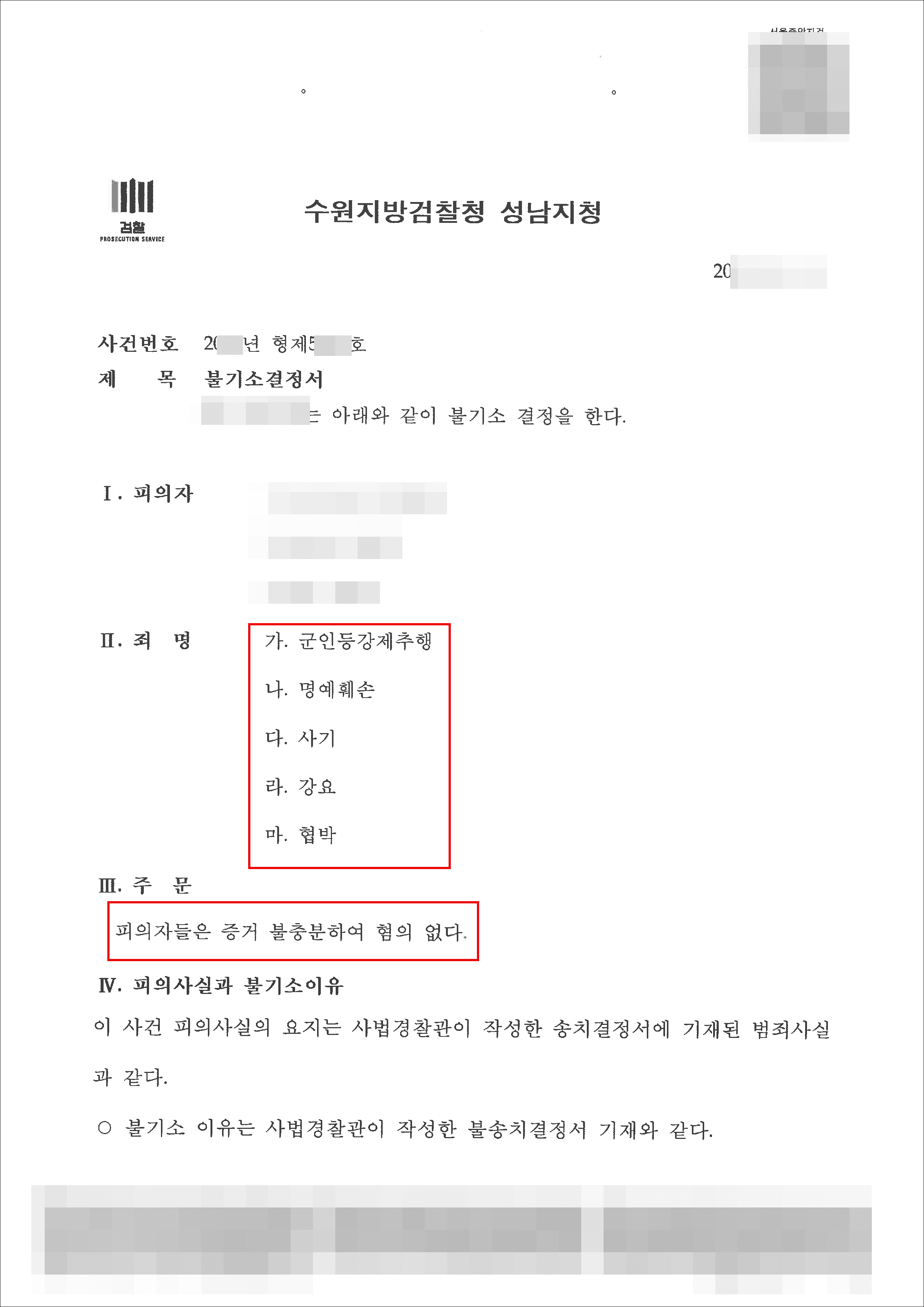 무혐의(증거불충분) | 군인등강제추행, 협박 등 - 성남지청 형사제2부 20**형제5***